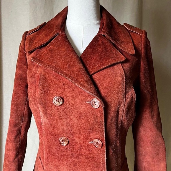 Vintage 1970s Rust Suede Double Breasted Mod Tailored Peacoat XS S - Picture 2 of 8